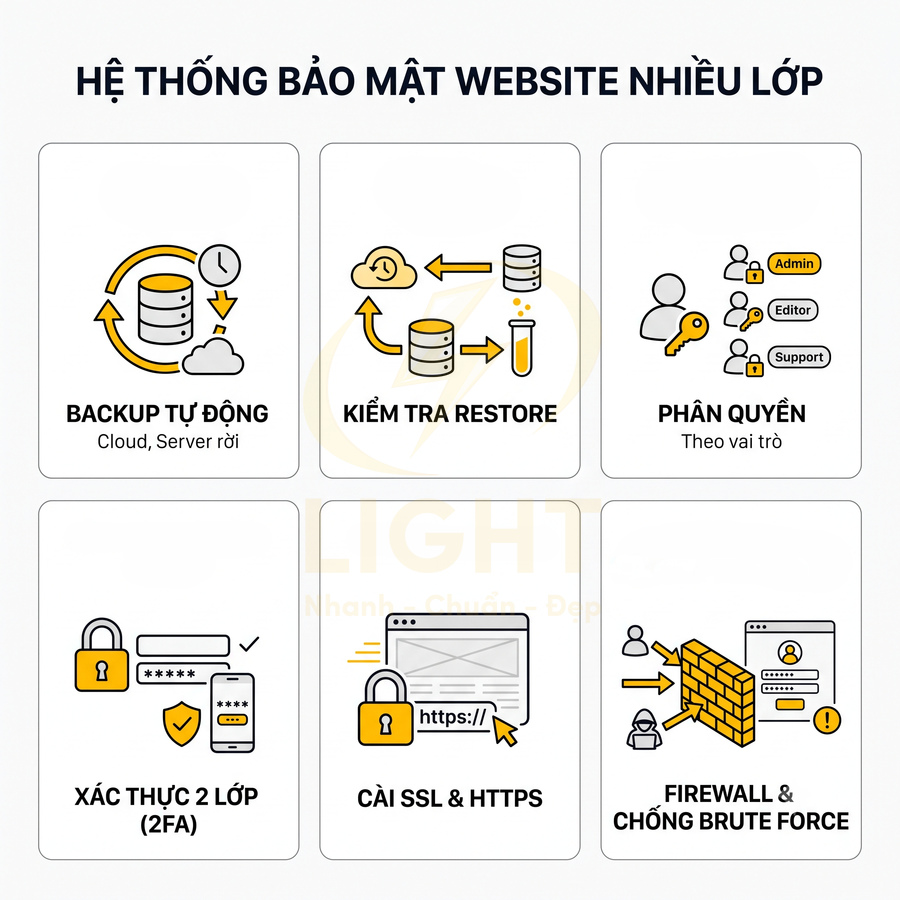 Mô tả hệ thống bảo mật website nhiều lớp với backup tự động, 2FA, phân quyền, SSL HTTPS và firewall chống brute force
