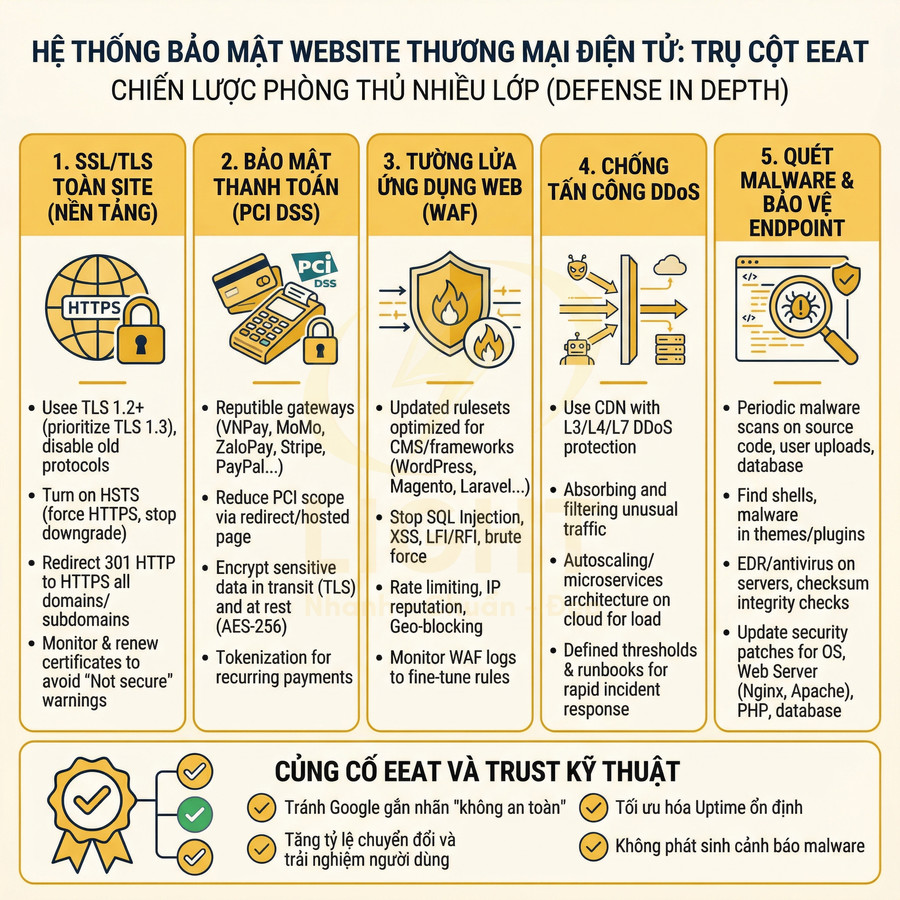 Infographic hệ thống bảo mật website thương mại điện tử với 5 lớp bảo vệ và lợi ích củng cố EEAT