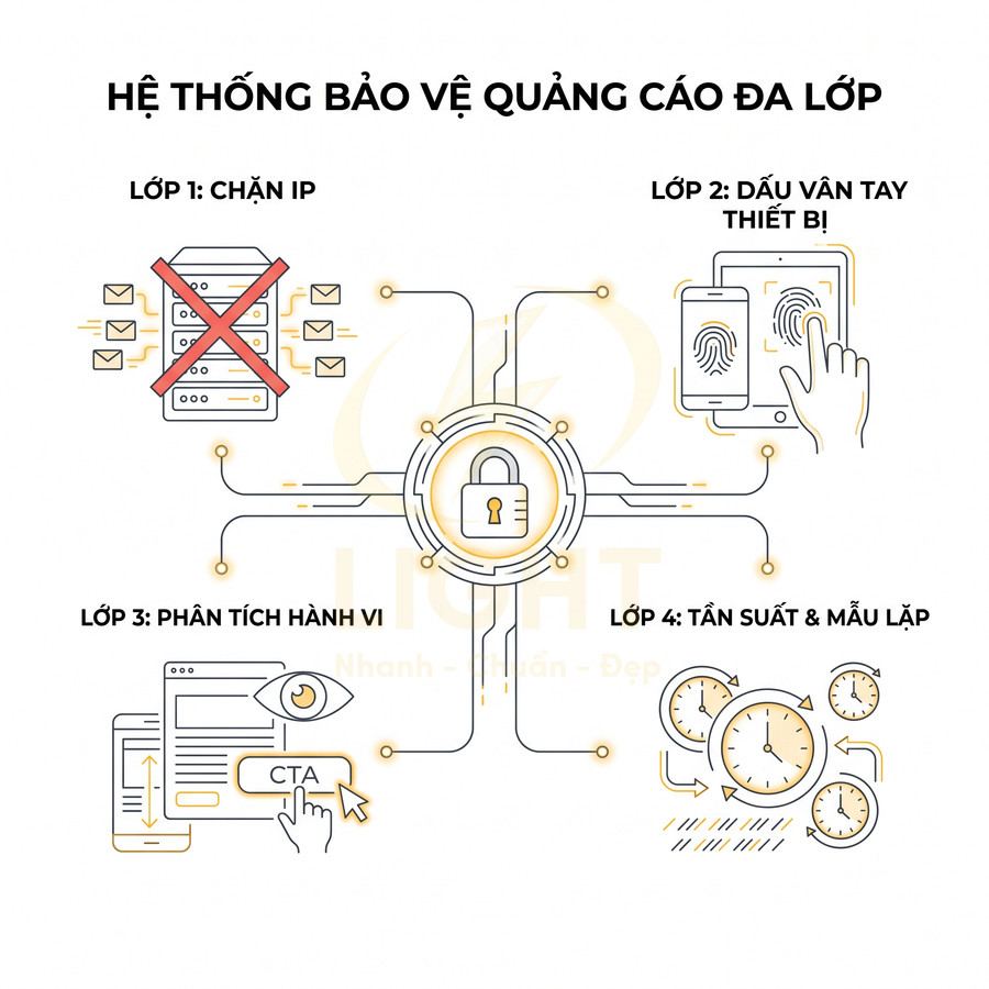 Hệ thống bảo vệ quảng cáo đa lớp với khóa bảo mật, chặn IP, dấu vân tay thiết bị, phân tích hành vi và tần suất truy cập