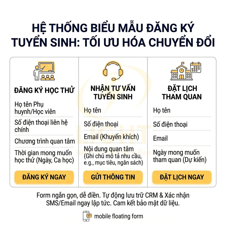 Mẫu form đăng ký tuyển sinh gồm đăng ký học thử, nhận tư vấn và đặt lịch tham quan tối ưu chuyển đổi
