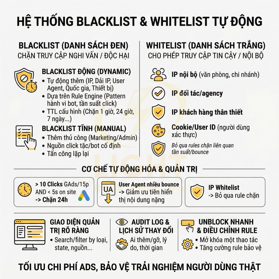 Hệ thống blacklist whitelist tự động chặn truy cập độc hại và cho phép IP nội bộ, đối tác, khách hàng tin cậy