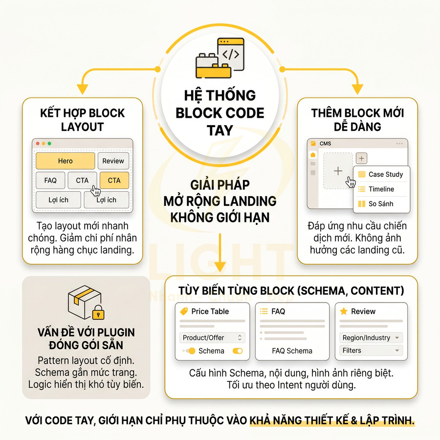 Hệ thống block code tay mở rộng landing page, tùy biến layout và nội dung từng block cho website marketing