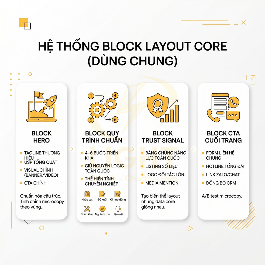 Hệ thống block layout core dùng chung với 4 block hero, quy trình chuẩn, trust signal và CTA cuối trang
