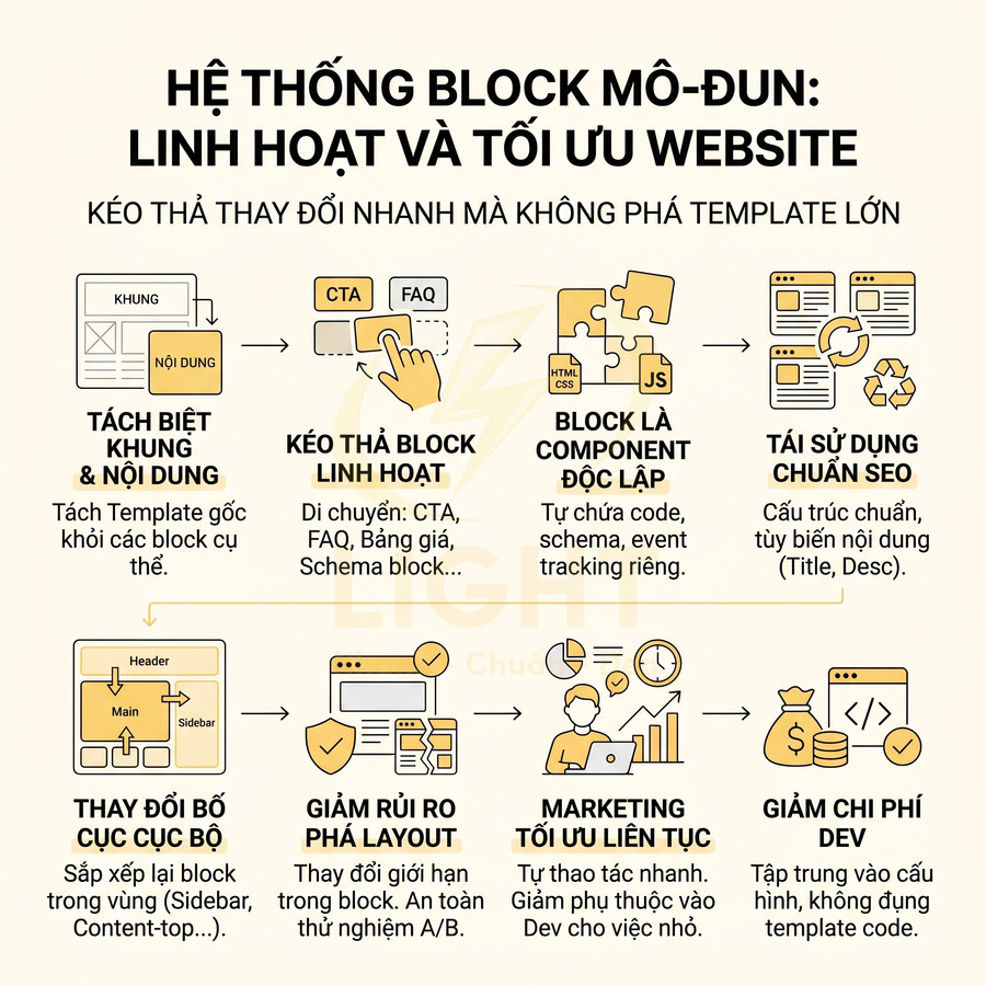 Hệ thống block mô đun kéo thả linh hoạt giúp tối ưu cấu trúc và SEO cho website