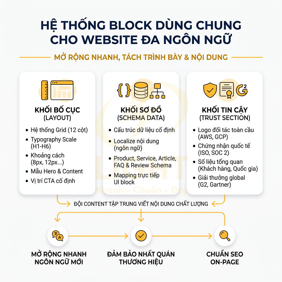 Mô hình hệ thống block dùng chung cho website đa ngôn ngữ với khối bố cục, schema data và khối tin cậy