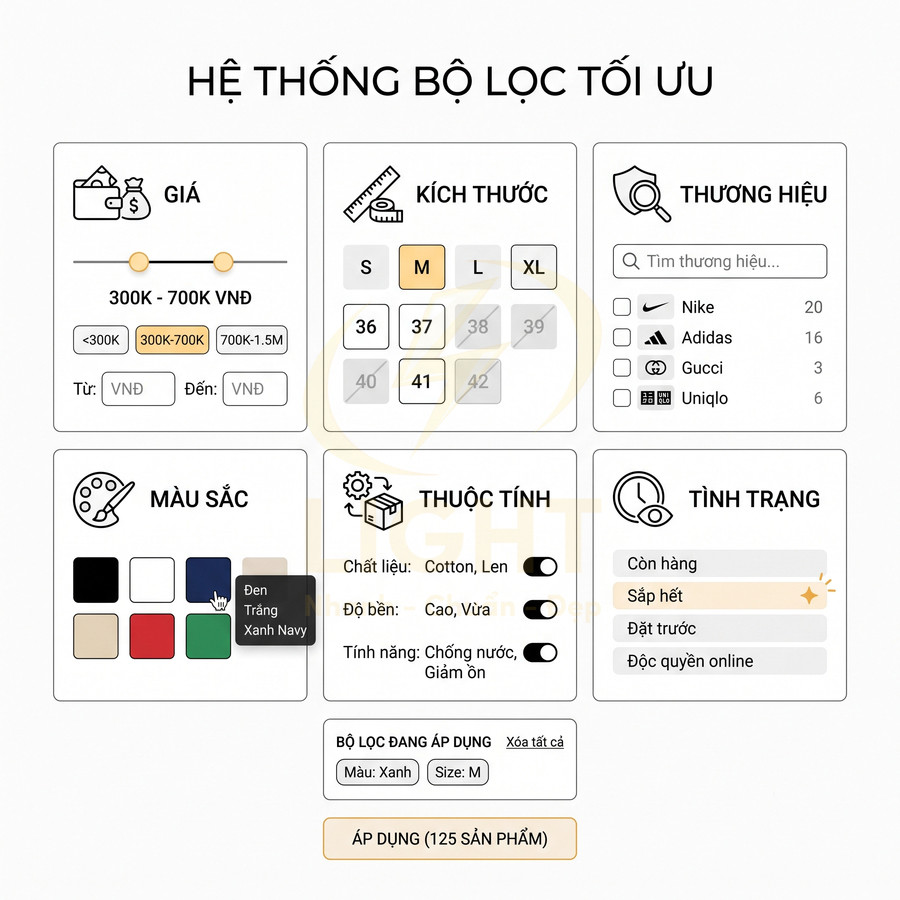 Giao diện bộ lọc sản phẩm thời trang với tùy chọn giá, kích thước, màu sắc, thương hiệu Nike Adidas Gucci Uniqlo