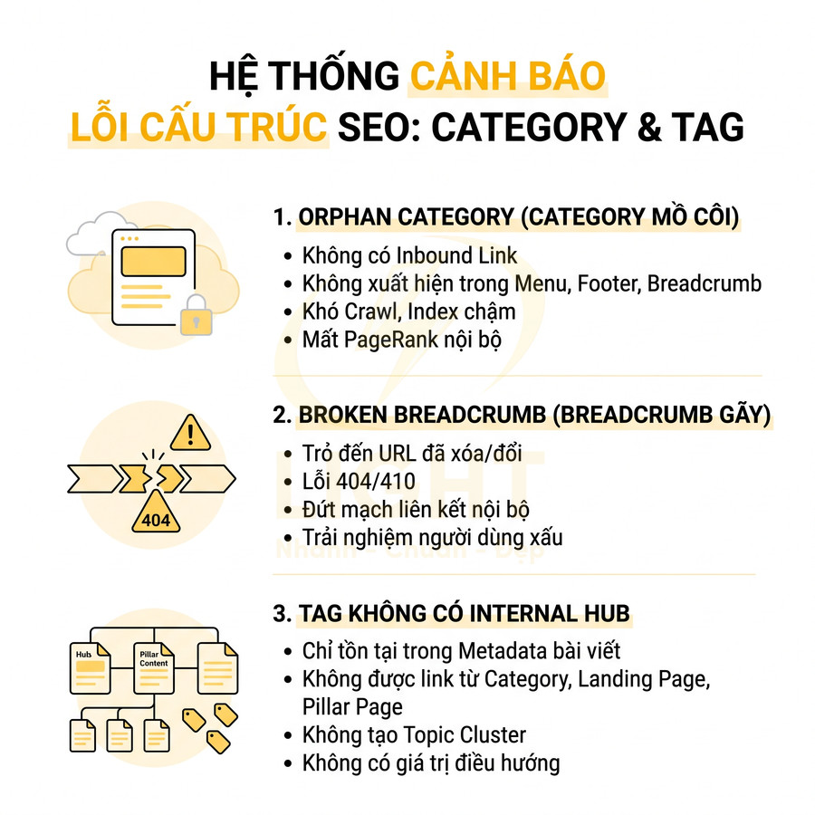 Hệ thống cảnh báo lỗi cấu trúc SEO cho category và tag với các lỗi orphan category, breadcrumb gãy, tag không có internal hub