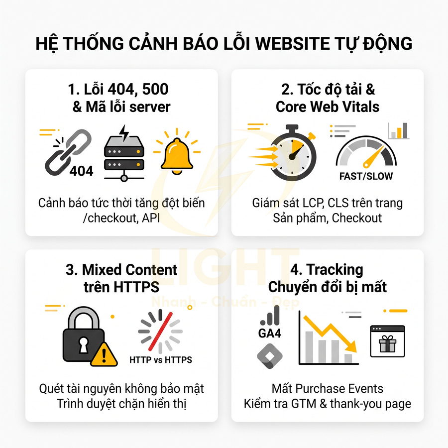 Hệ thống cảnh báo lỗi website tự động với 4 nhóm lỗi 404, tốc độ tải, mixed content HTTPS và tracking chuyển đổi
