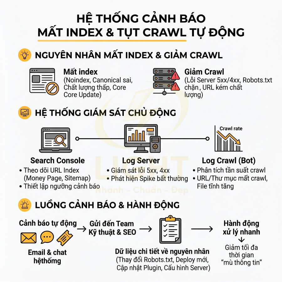 Infographic hệ thống cảnh báo mất index và tụt crawl tự động trong SEO với các bước giám sát và xử lý