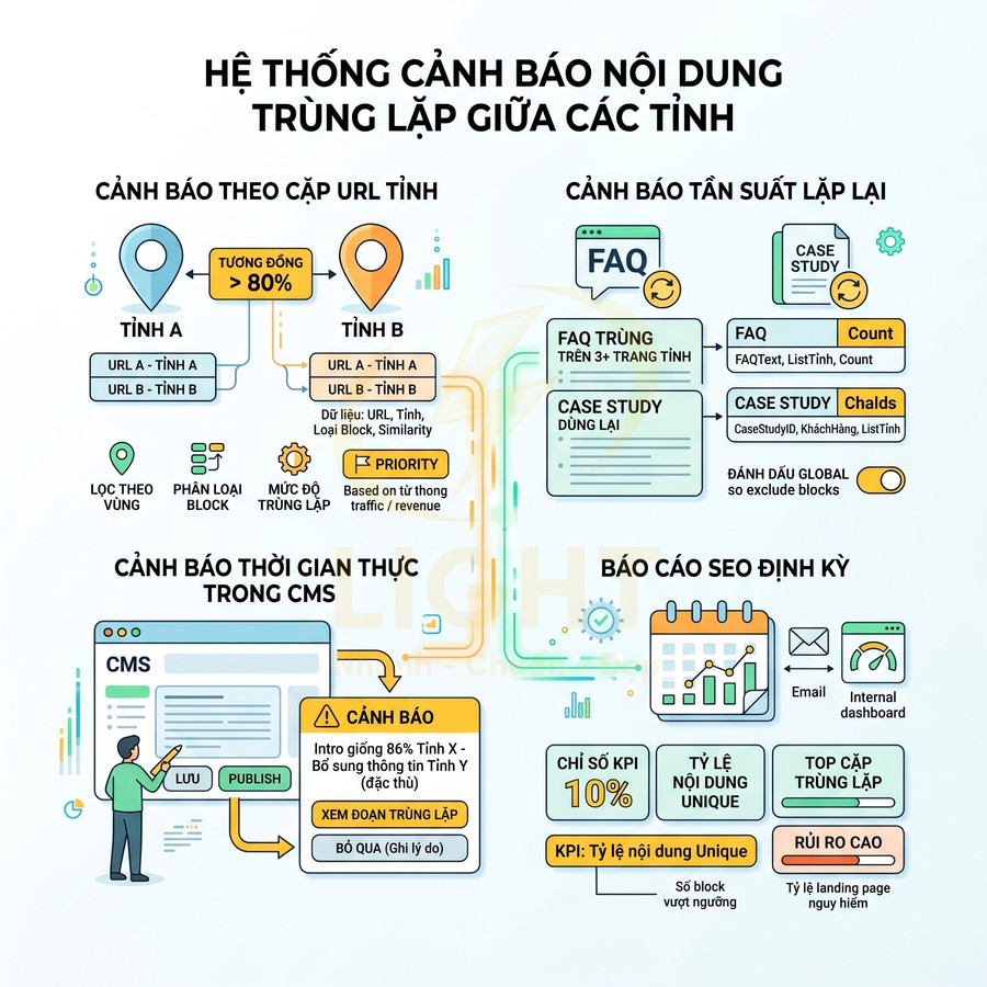 Infographic hệ thống cảnh báo nội dung trùng lặp giữa các tỉnh trong CMS và báo cáo SEO định kỳ