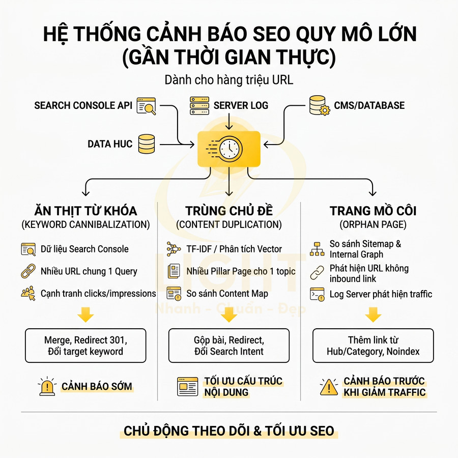 Hệ thống cảnh báo SEO quy mô lớn gần thời gian thực giúp phát hiện ăn thịt từ khóa trùng chủ đề và trang mồ côi
