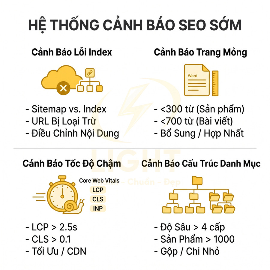 Hệ thống cảnh báo SEO sớm với các lỗi index, trang mỏng, tốc độ chậm và cấu trúc danh mục cần tối ưu