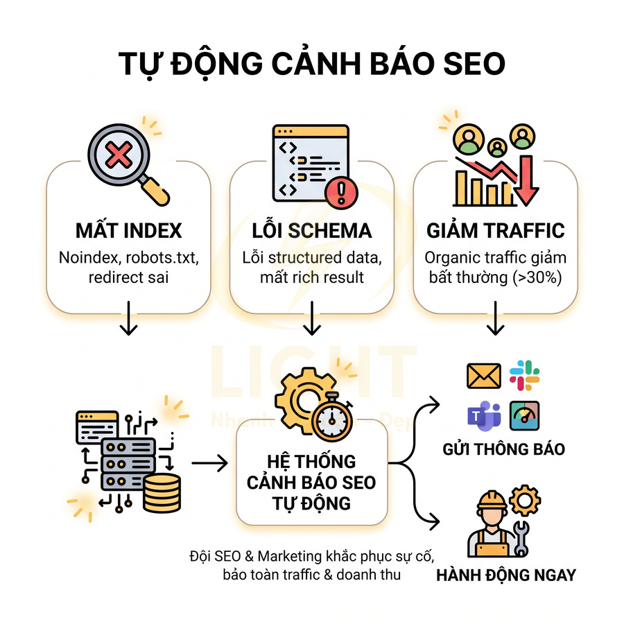 Hệ thống cảnh báo SEO tự động phát hiện mất index, lỗi schema, giảm traffic và gửi thông báo để xử lý ngay