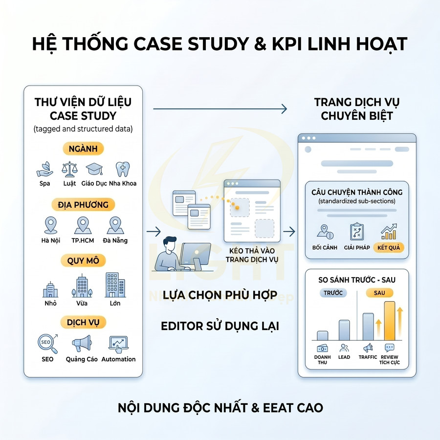 Hệ thống case study và KPI linh hoạt cho dịch vụ marketing, thư viện dữ liệu kéo thả tạo nội dung chuẩn SEO