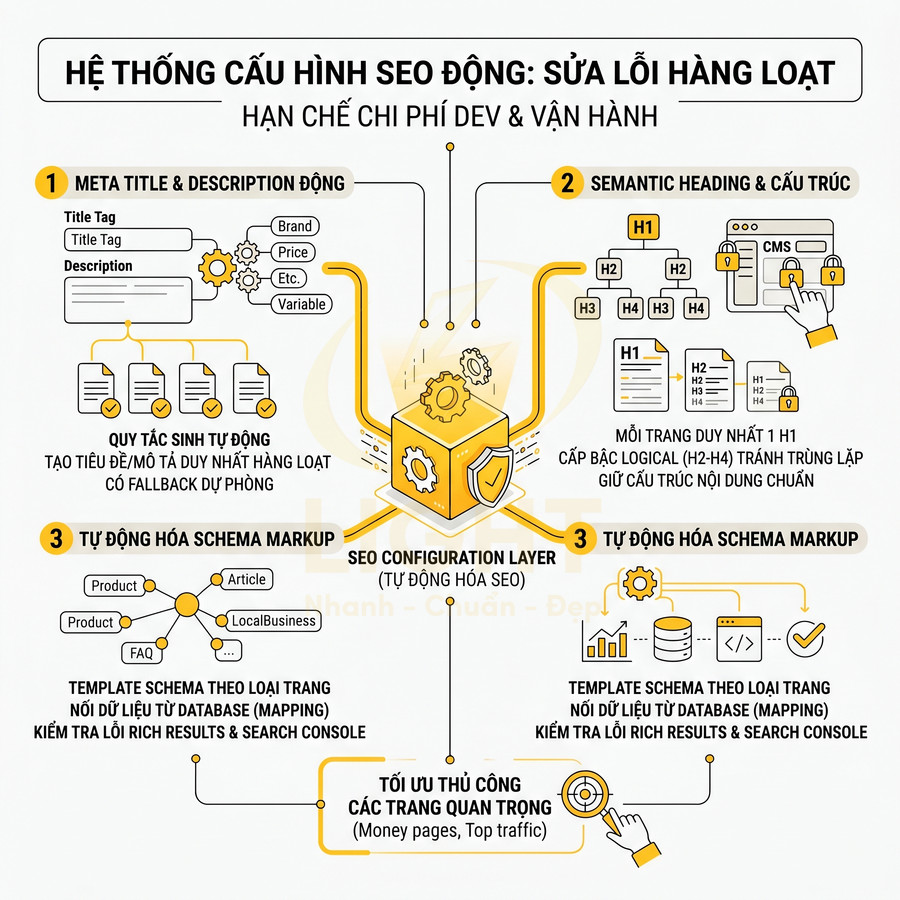 Hệ thống cấu hình SEO động sửa lỗi hàng loạt với meta title, heading, schema markup và tối ưu trang quan trọng