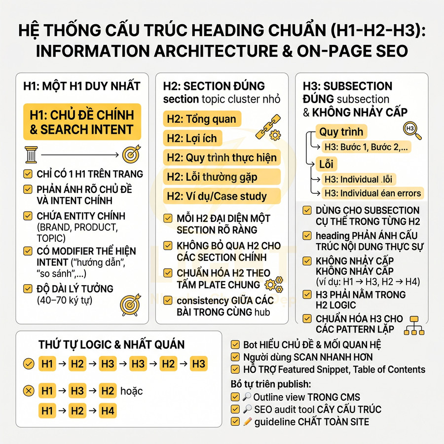 Hệ thống cấu trúc heading chuẩn H1 H2 H3 cho information architecture và on page SEO bằng tiếng Việt