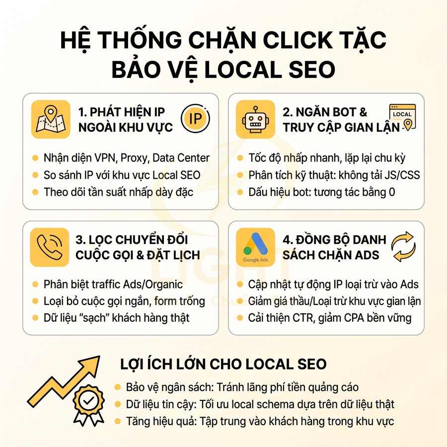 Hệ thống chặn click tặc bảo vệ Local SEO với phát hiện IP ngoài khu vực, ngăn bot, lọc chuyển đổi và đồng bộ chặn Google Ads