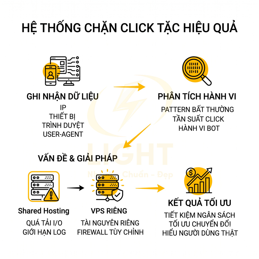 Sơ đồ hệ thống chặn click tặc với các bước ghi nhận dữ liệu, phân tích hành vi và tối ưu kết quả quảng cáo