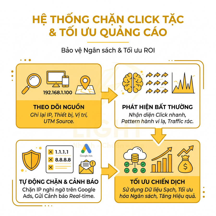 Hệ thống chặn click tặc và tối ưu quảng cáo Google Ads với theo dõi nguồn, phát hiện bất thường, tự động chặn và tối ưu chiến dịch