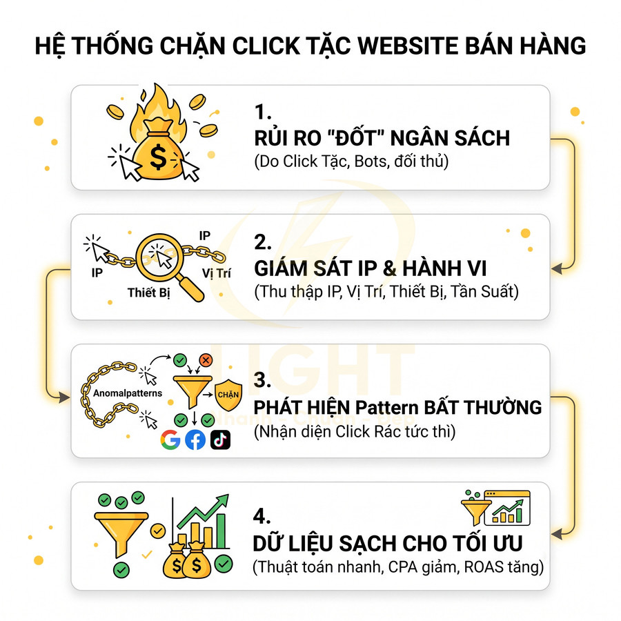 Hệ thống chặn click tặc cho website bán hàng với 4 bước giám sát IP, phát hiện bất thường và tối ưu dữ liệu quảng cáo