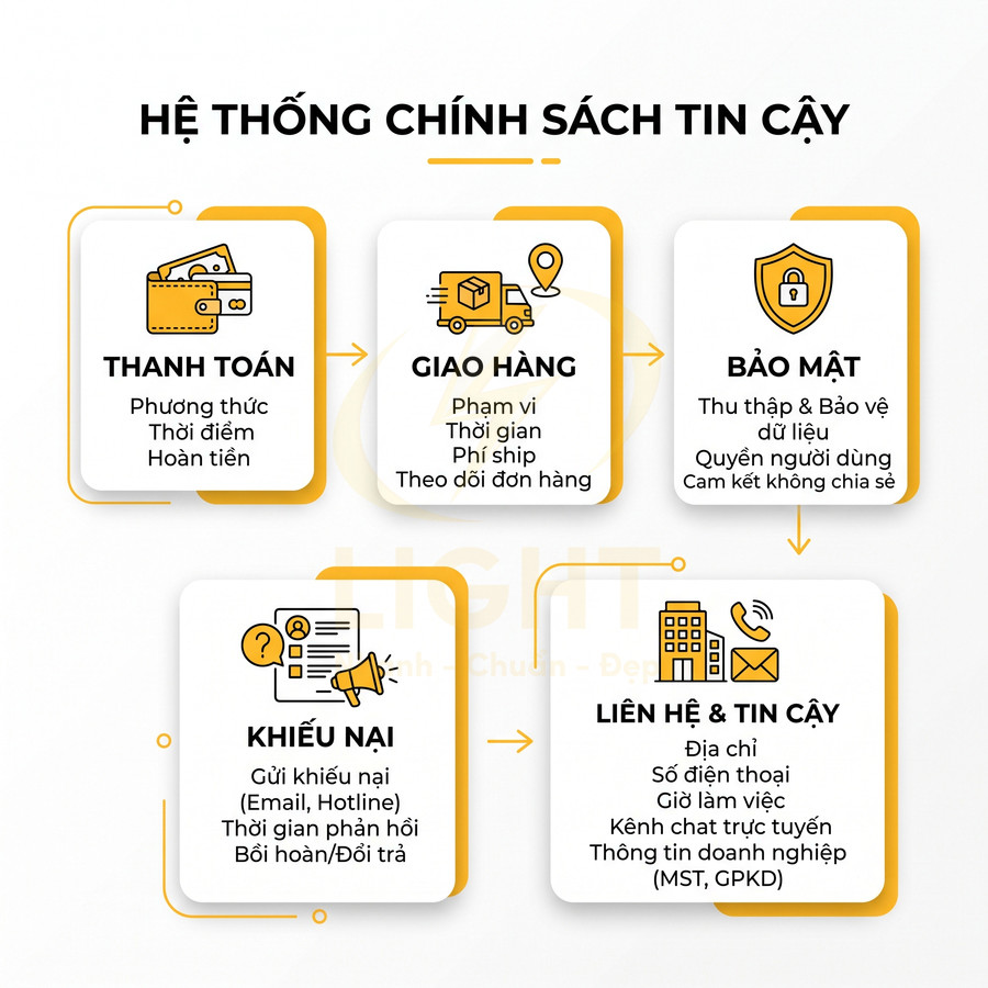 Hệ thống chính sách tin cậy của shop gồm thanh toán, giao hàng, bảo mật, khiếu nại và liên hệ tin cậy