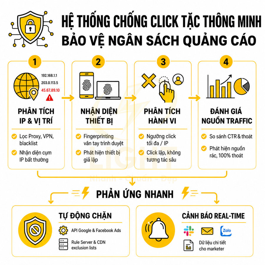 Infographic hệ thống chống click tặc thông minh bảo vệ ngân sách quảng cáo với các bước phân tích và chặn traffic xấu