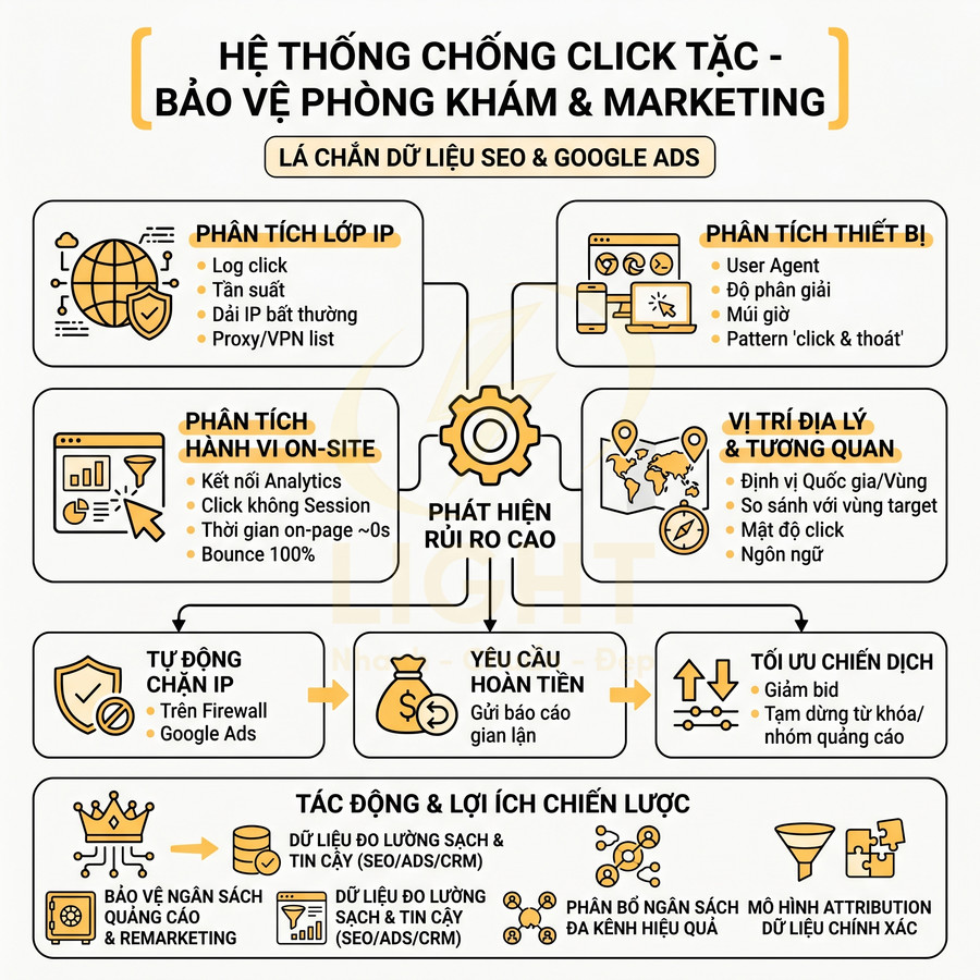 Infographic hệ thống chống click tặc bảo vệ phòng khám và marketing, phân tích dữ liệu SEO và Google Ads