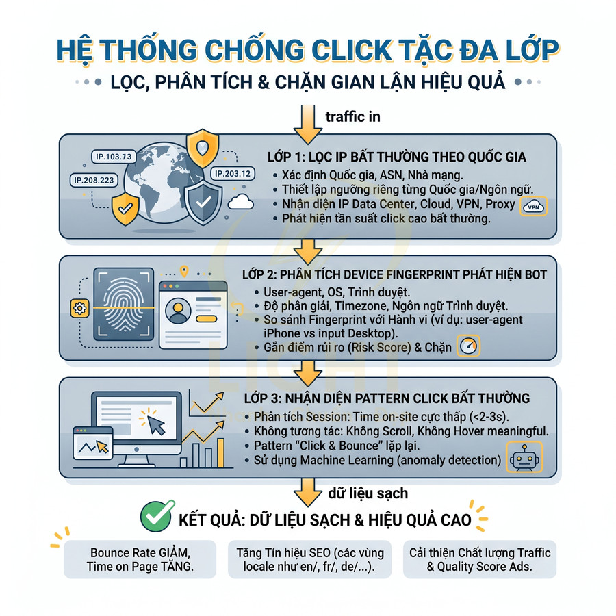 Infographic hệ thống chống click tặc đa lớp, mô tả 3 bước lọc phân tích chặn gian lận quảng cáo online