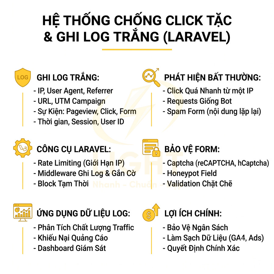 Hệ thống chống click tặc và ghi log trắng Laravel, mô tả tính năng bảo vệ form và phân tích dữ liệu quảng cáo
