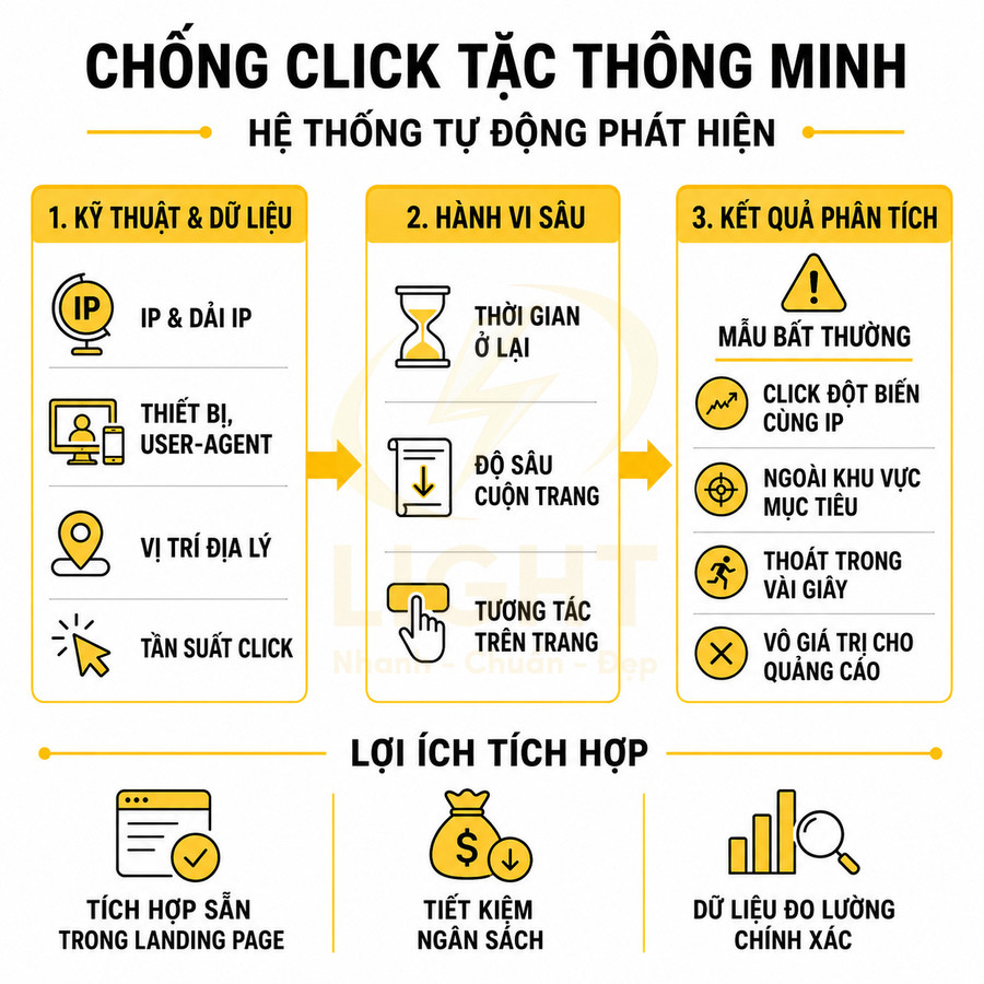 Mô tả hệ thống chống click tặc thông minh tự động phát hiện hành vi bất thường và tối ưu ngân sách quảng cáo