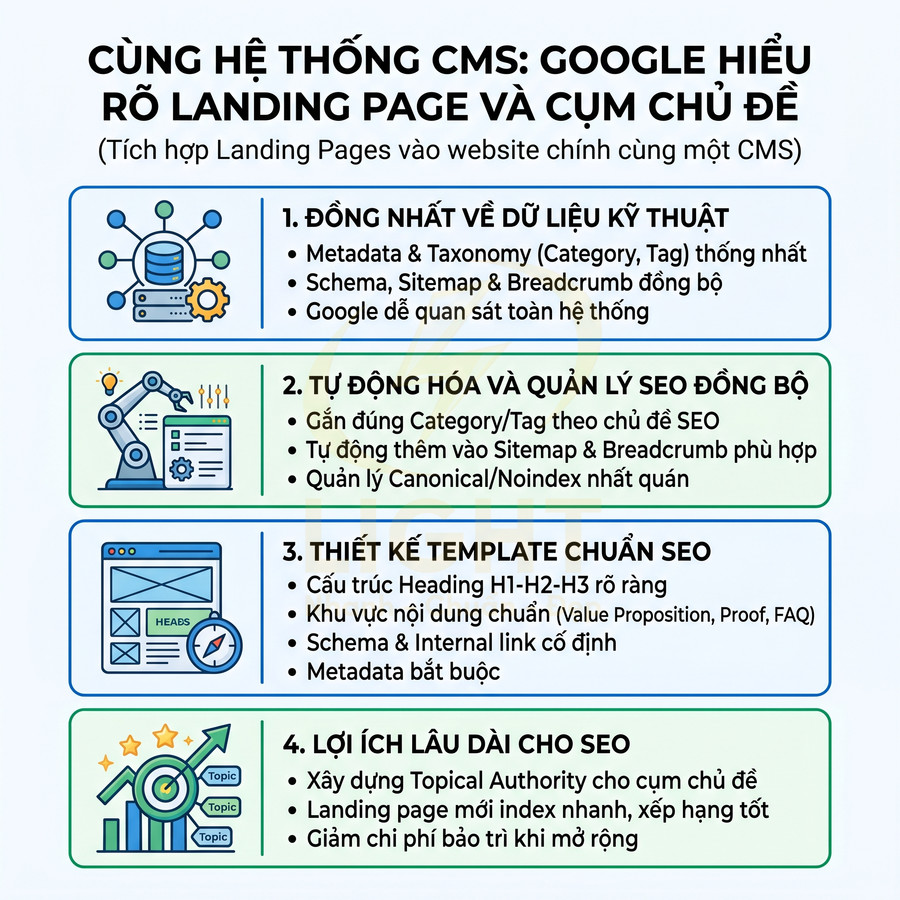 Infographic lợi ích dùng chung hệ thống CMS giúp Google hiểu landing page và tối ưu SEO cho website