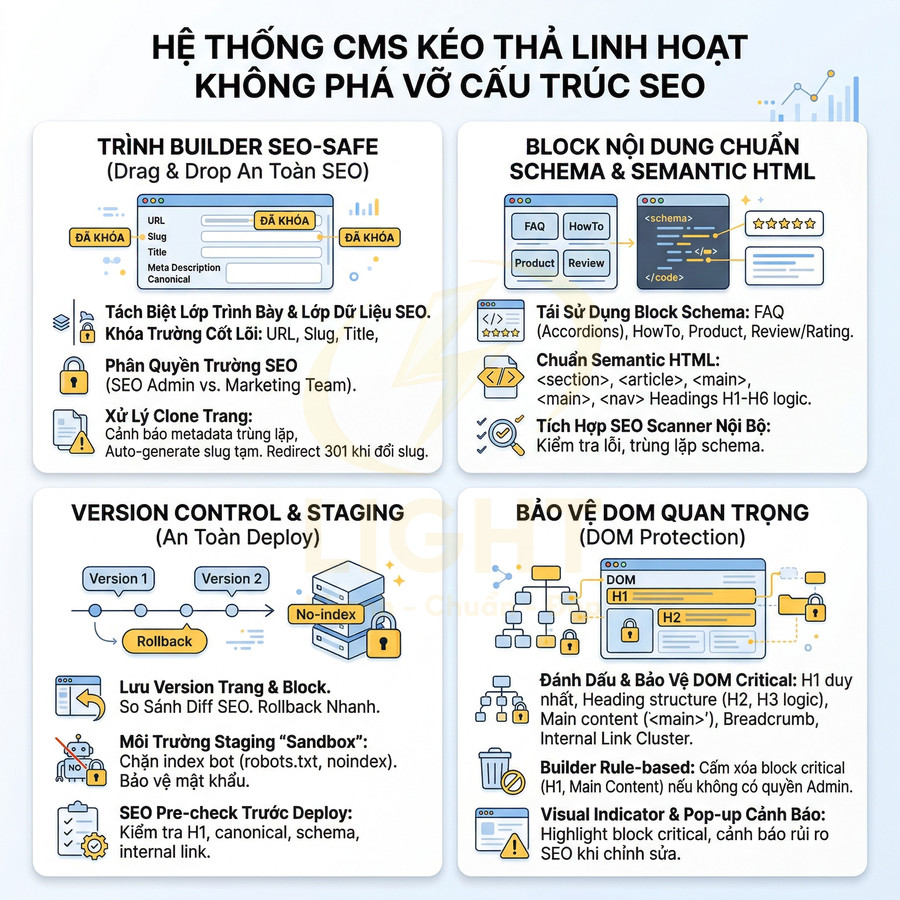 Infographic giới thiệu hệ thống CMS kéo thả linh hoạt, an toàn SEO với builder, schema, version control và bảo vệ DOM