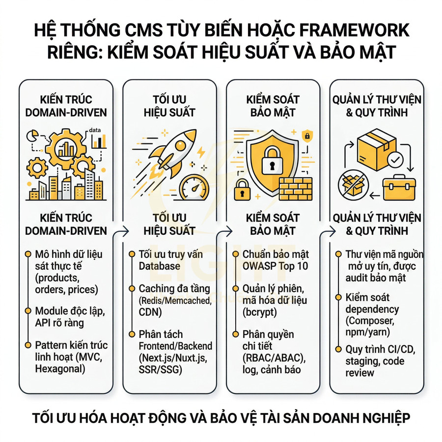 Hệ thống CMS tùy biến kiểm soát hiệu suất và bảo mật với kiến trúc domain driven và quản lý thư viện quy trình
