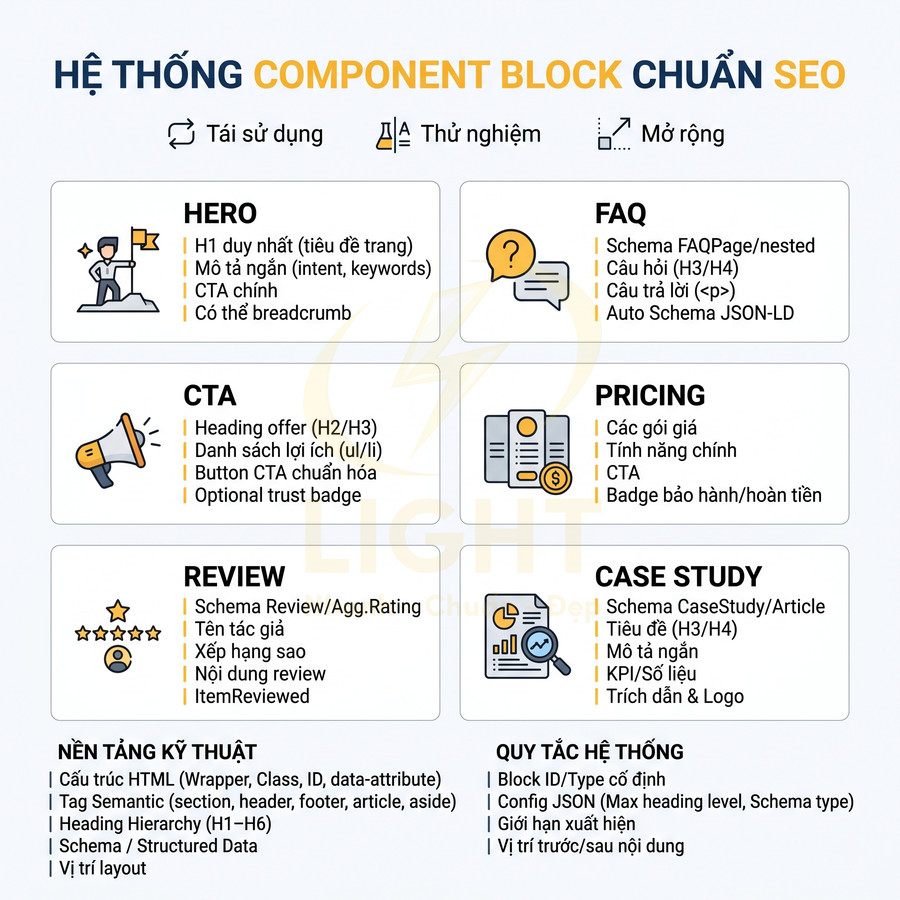 Hệ thống component block chuẩn SEO với các mục hero, FAQ, CTA, pricing, review, case study và nền tảng kỹ thuật