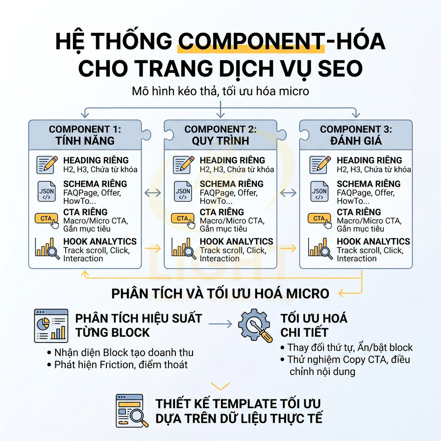 Mô hình component hóa trang dịch vụ SEO với 3 block tính năng, quy trình, đánh giá và bước tối ưu micro chi tiết