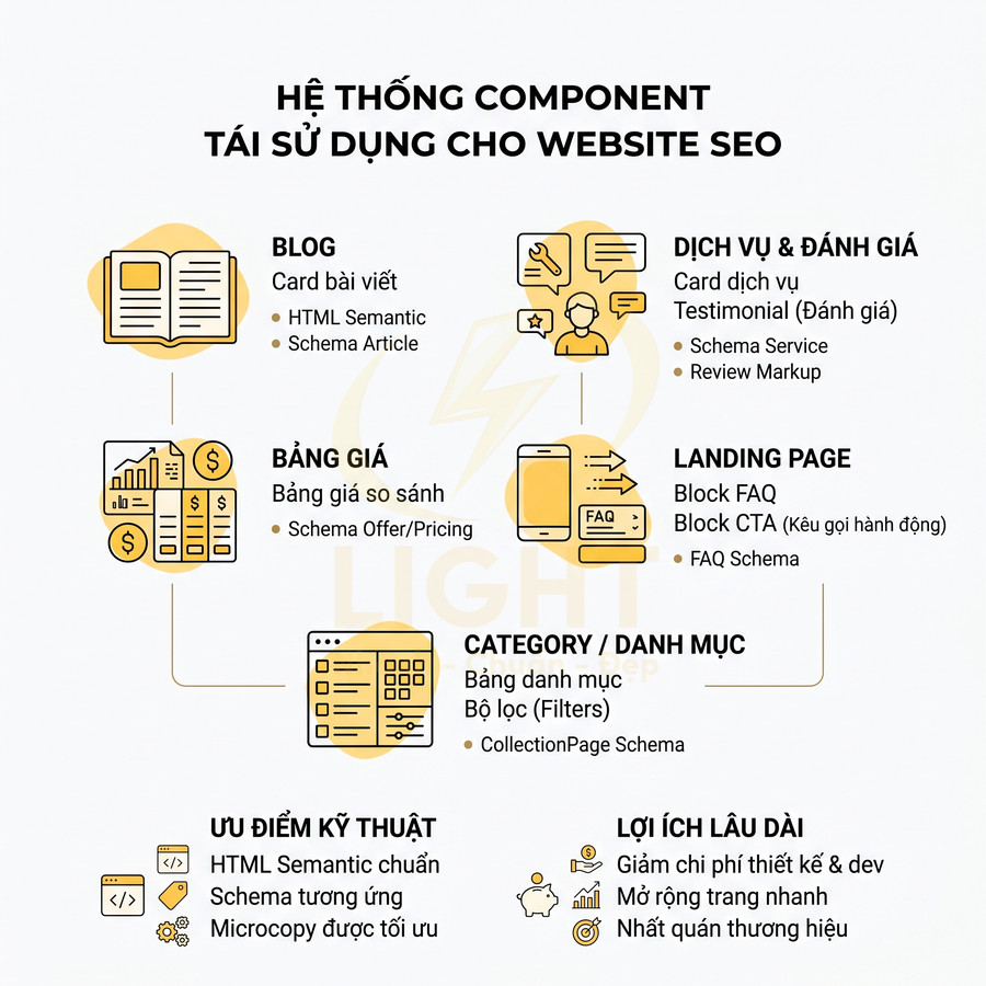 Hệ thống component tái sử dụng cho website SEO với blog, bảng giá, dịch vụ, landing page và danh mục