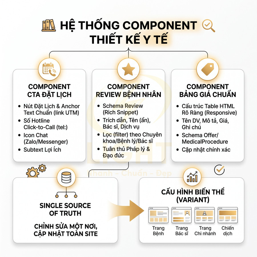 Sơ đồ hệ thống component thiết kế website y tế với CTA đặt lịch, review bệnh nhân và bảng giá chuẩn