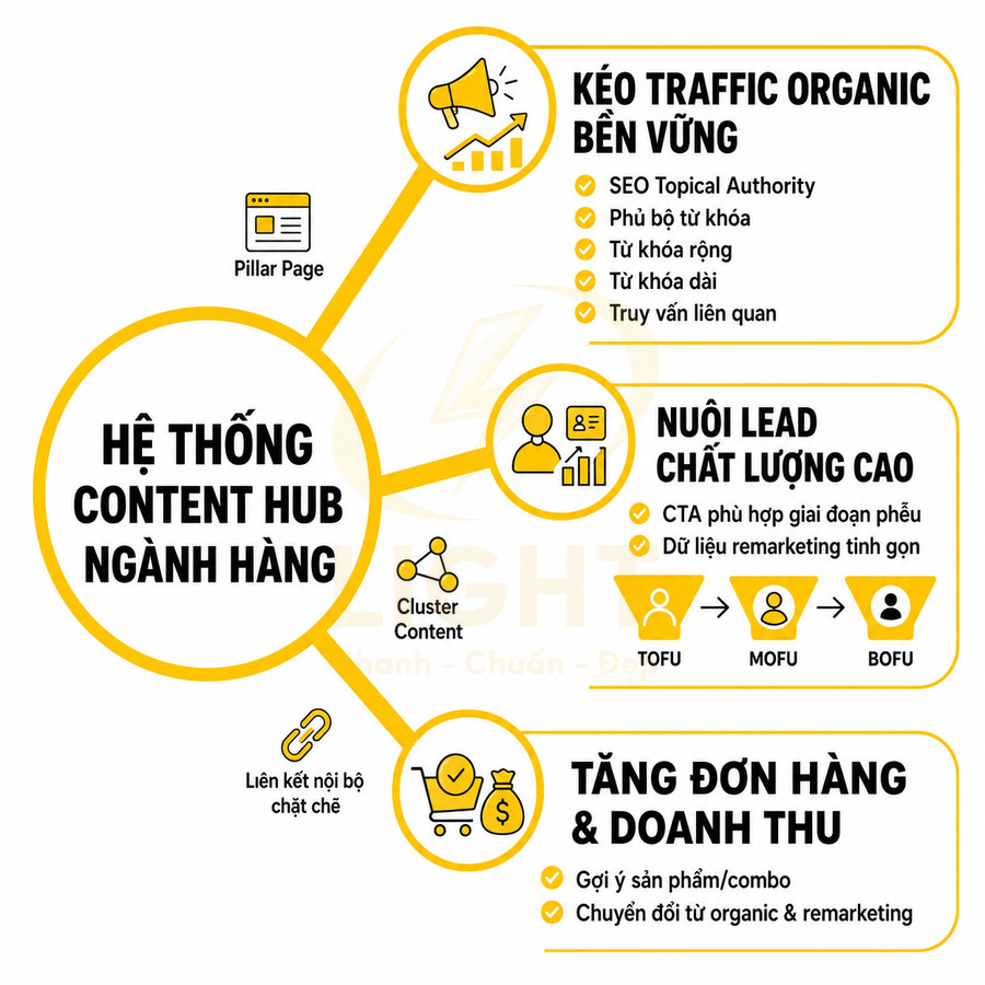 Mô hình hệ thống content hub ngành hàng giúp kéo traffic organic, nuôi lead chất lượng và tăng đơn hàng doanh thu