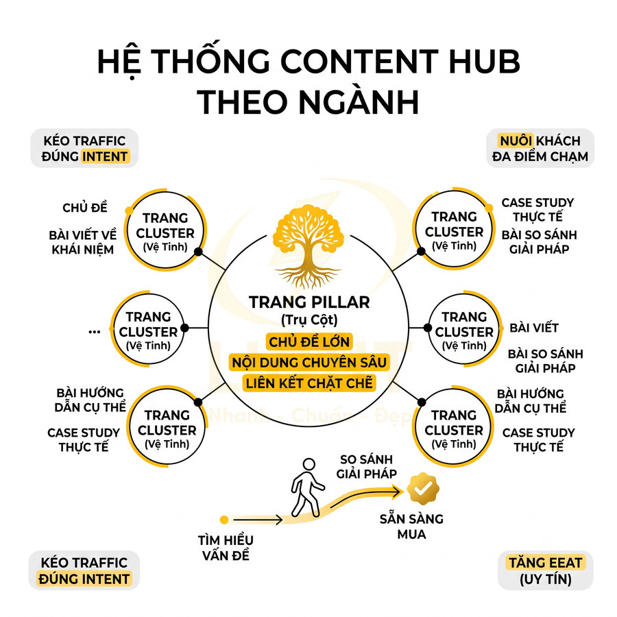 Sơ đồ hệ thống content hub theo ngành với trang pillar trung tâm và các trang cluster vệ tinh liên kết chặt chẽ