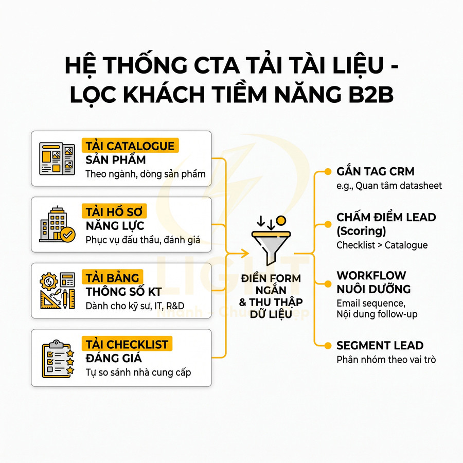 Hệ thống CTA tải tài liệu lọc khách tiềm năng B2B với form ngắn, gắn tag CRM và chấm điểm lead
