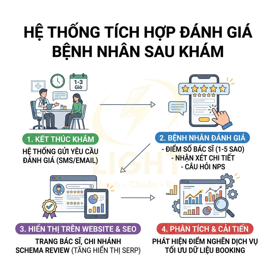Hệ thống tích hợp đánh giá bệnh nhân sau khám với quy trình gửi yêu cầu, chấm điểm, hiển thị và phân tích dịch vụ