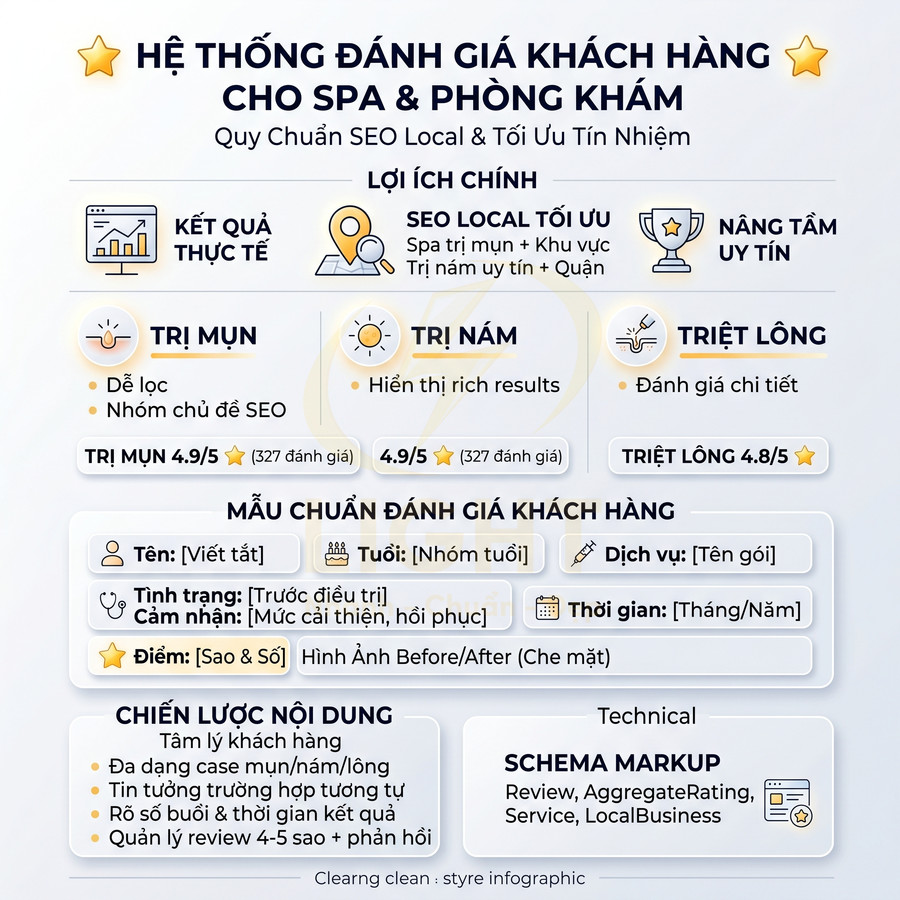 Infographic hệ thống đánh giá khách hàng chuẩn SEO local cho spa và phòng khám trị mụn nám triệt lông