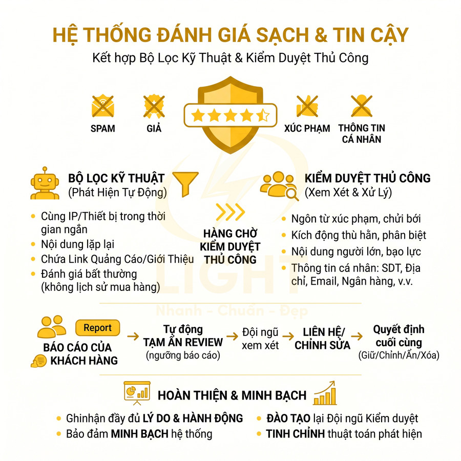 Hệ thống đánh giá sạch và tin cậy với bộ lọc kỹ thuật và kiểm duyệt thủ công chống spam và nội dung vi phạm