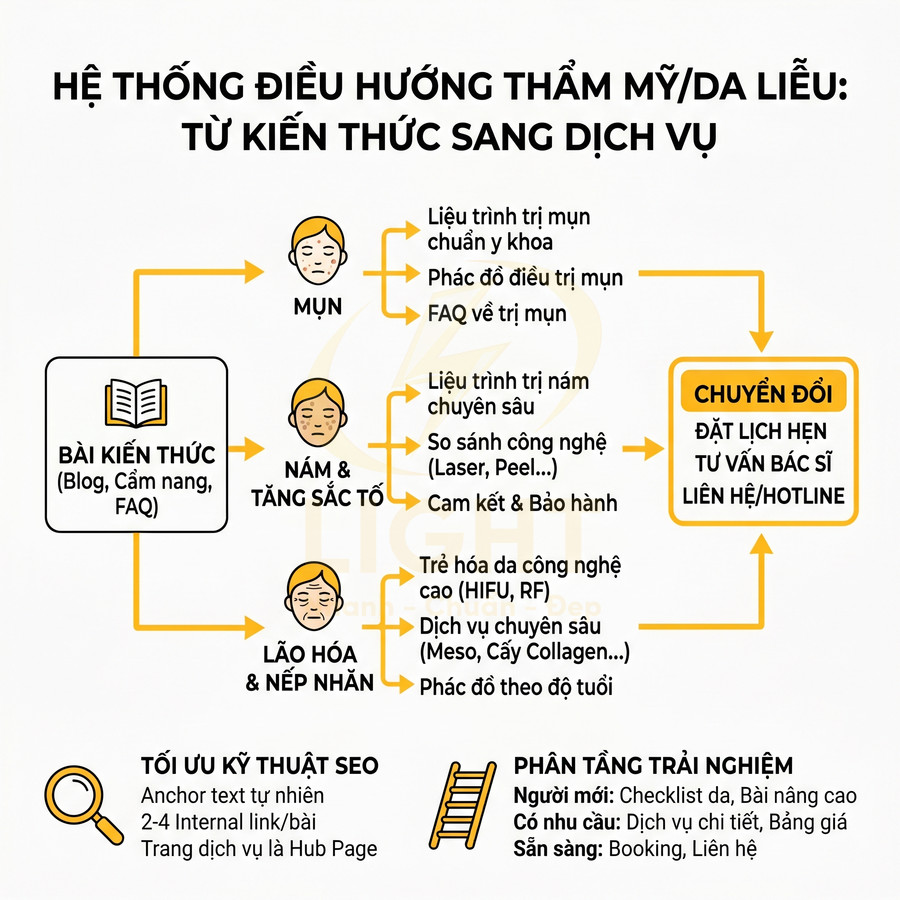 Sơ đồ hệ thống điều hướng dịch vụ thẩm mỹ da liễu từ bài kiến thức đến đặt lịch tư vấn bác sĩ