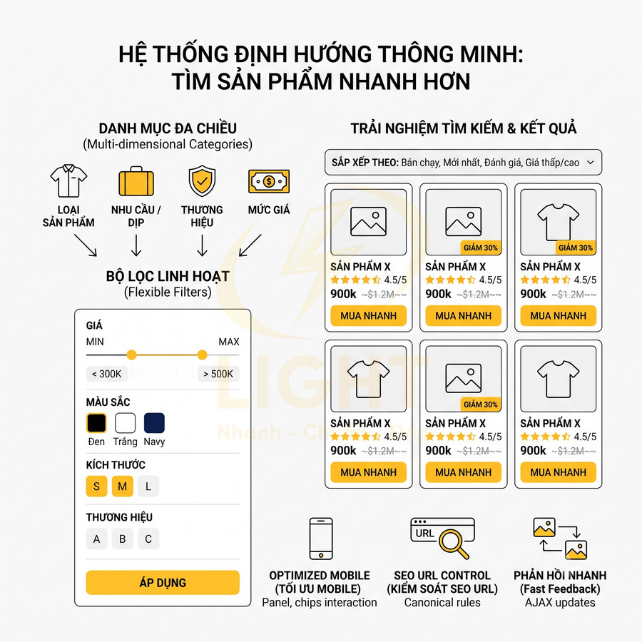 Giao diện bộ lọc sản phẩm đa chiều trên website thương mại điện tử với danh sách áo thun và nút mua nhanh