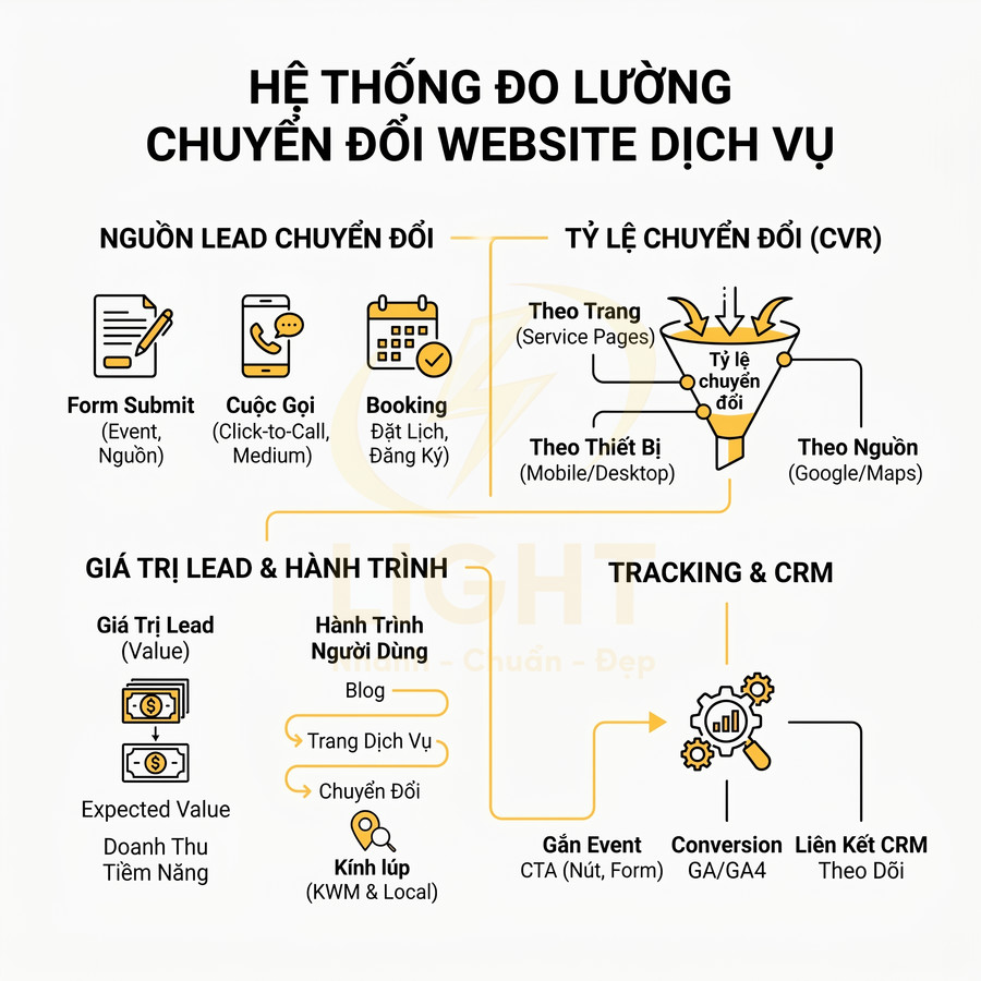 Sơ đồ hệ thống đo lường chuyển đổi website dịch vụ với nguồn lead, tỷ lệ chuyển đổi, giá trị lead và tracking CRM