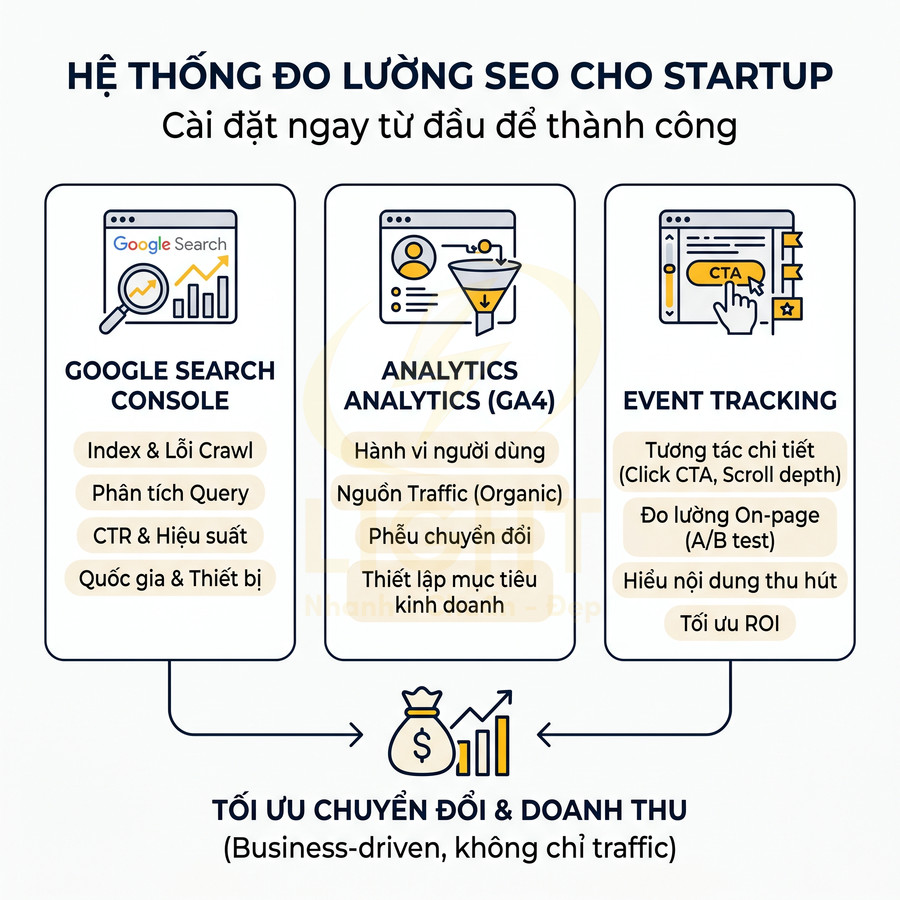 Hệ thống đo lường SEO cho startup với Google Search Console, GA4 và event tracking tối ưu chuyển đổi và doanh thu