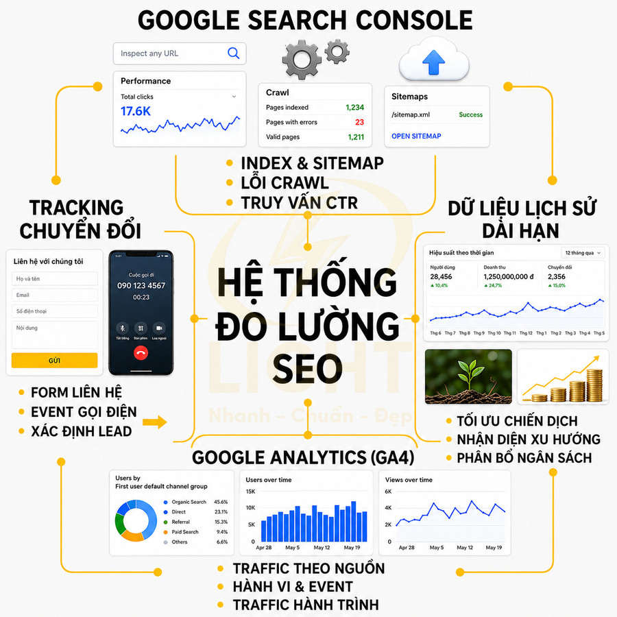 Hệ thống đo lường SEO với Google Search Console, Google Analytics GA4 và tracking chuyển đổi qua form, cuộc gọi