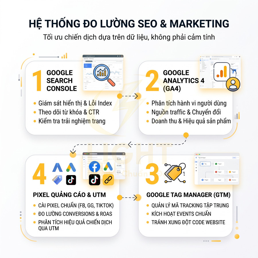 Hệ thống đo lường SEO marketing với Google Search Console, Google Analytics 4, Google Tag Manager và pixel quảng cáo UTM