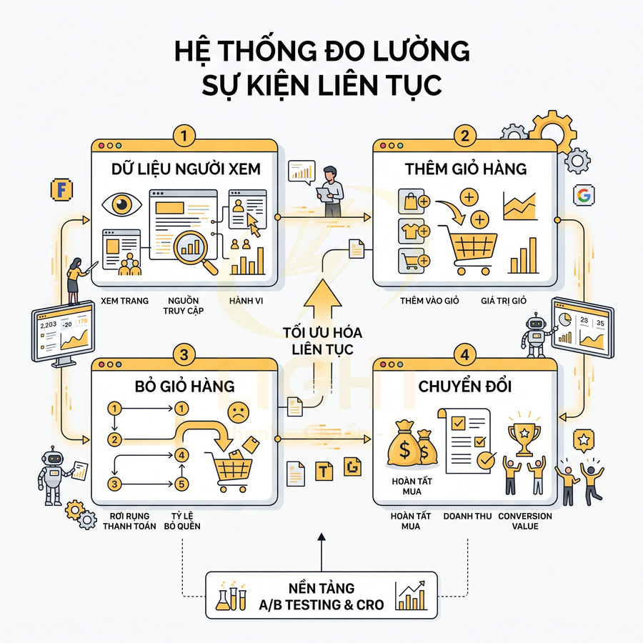 Sơ đồ hệ thống đo lường sự kiện liên tục trong hành trình mua sắm online từ xem trang đến chuyển đổi